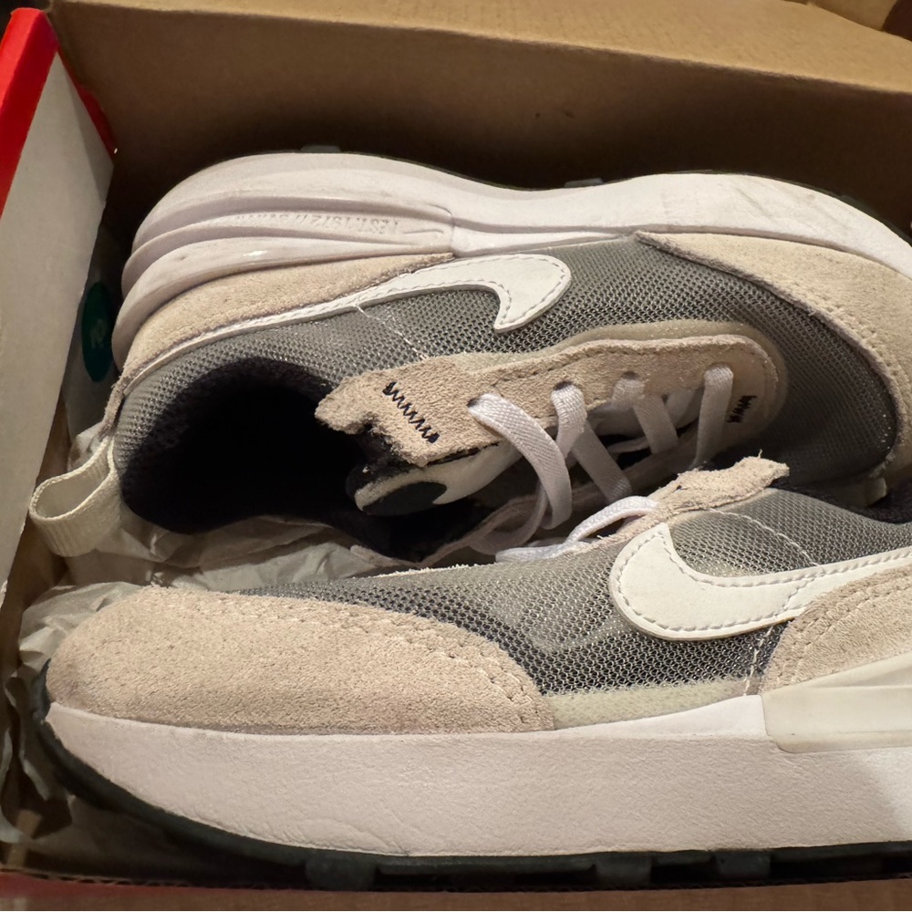 Nike Waffle One. White, Gray & Beige Suede Runner Sneakers